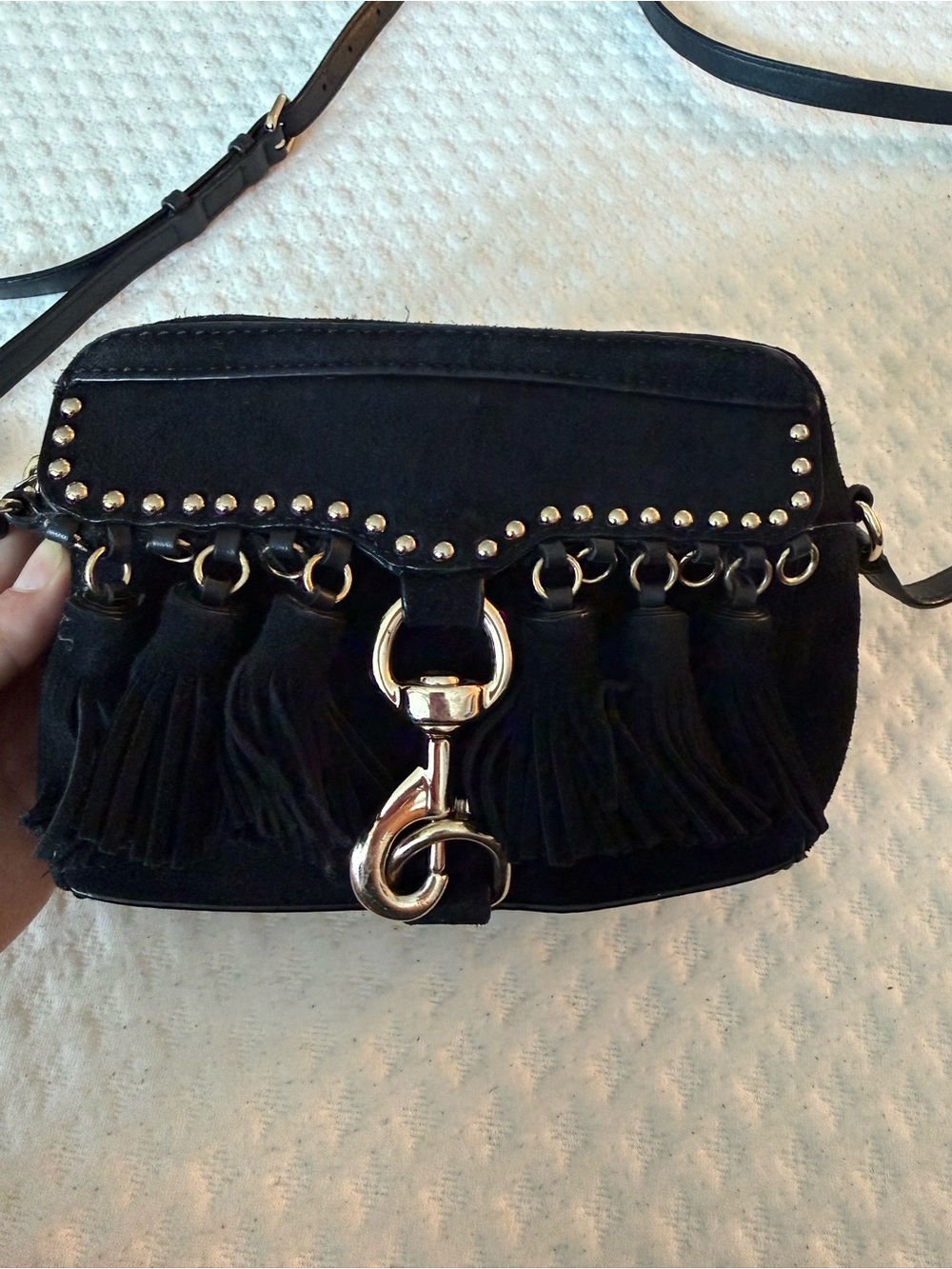 Rebecca Minkoff Black Suede Tassel Crossbody camera bag style